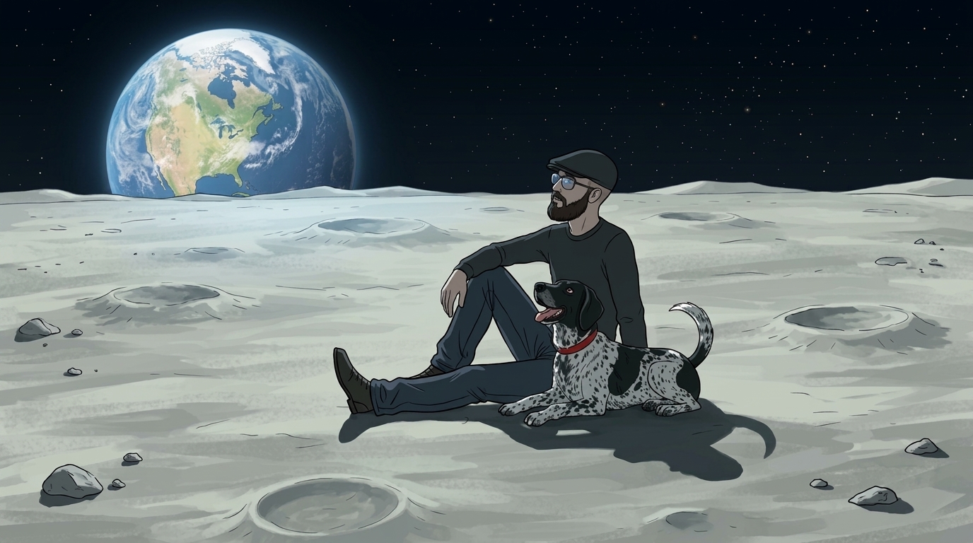 Josh sitting in the lunar dust with his dog Roscoe, Earth low over the horizon behind them.